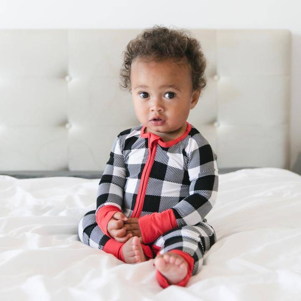 LITTLE SLEEPIES ZIPPY black and white check with red piping
